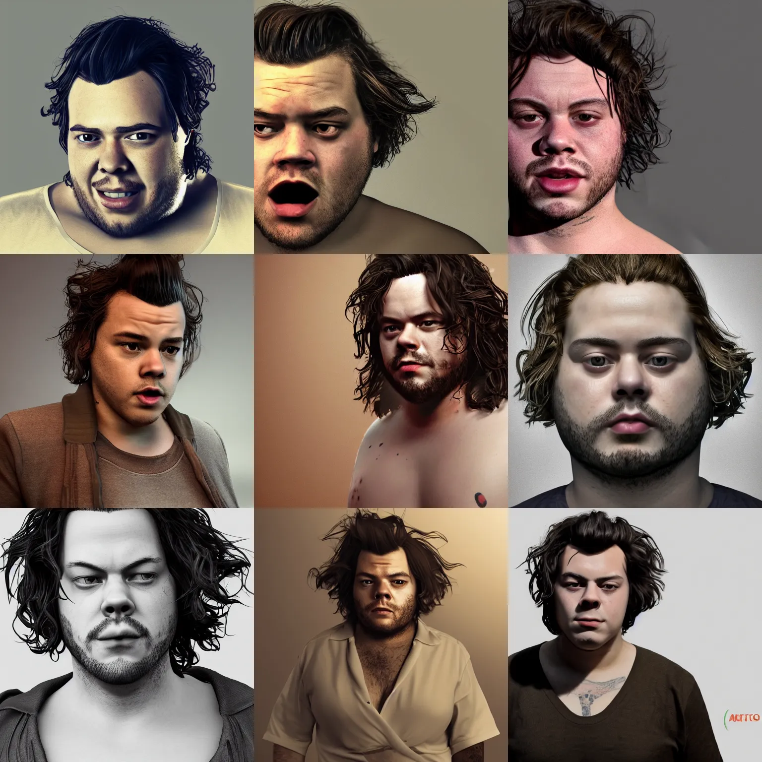 Prompt: unkempt gross fat morbidly obese harry styles, octane render trending on artstation digital art