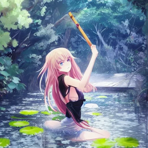 Prompt: isekai masterpiece drawn byaenami alena, atroshenko andrew, asencio henry, averin alexandr, blanchard antoine, bussiere gaston of a beautiful anime girl sitting in a pond filled with lily pads and koi fish