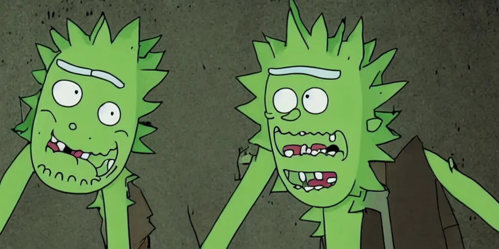 Image similar to Pickle Rick Sanchez after transforming into a pickle, terrified as his new body slowly breaks down into green goo