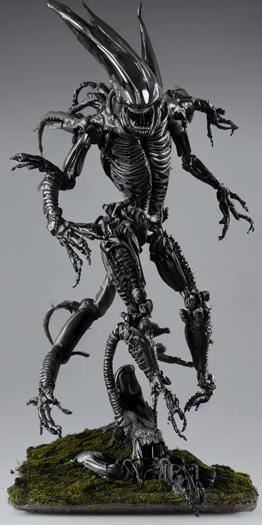 Prompt: bootleg figure of a plastic platinum xenomorph diorama crushed on the ground surrounded of dirt and moss secondhand, dramatic airbrush stormcloud, mcfarlane, figma, cursed photography, middle view