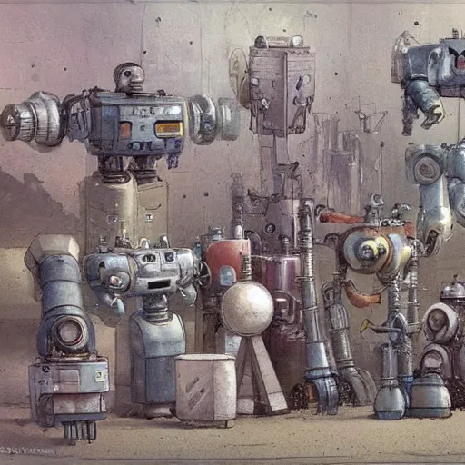 Image similar to cluttered inventors workshop full of robots . muted colors. by Jean-Baptiste Monge !!!!!!!!!!!!!!!!!!!!!!!!!!!