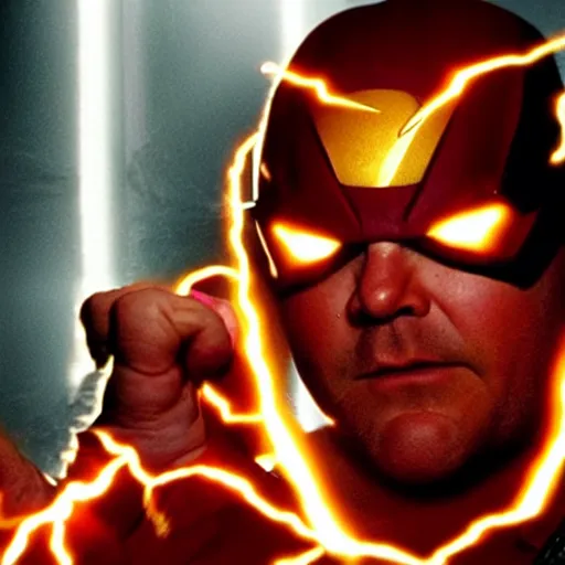 Prompt: film still of jack black playing the flash by steven spielberg, epic lighting effects