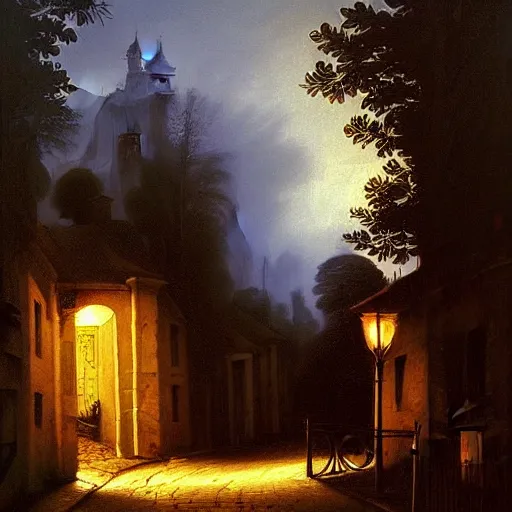 Image similar to in the style of gerald brom, caravaggio, beautiful small town, houses and buildings, 1 8 0 0 s, cobblestone roads, low light, end of day, trees, forest in the distance, light mist