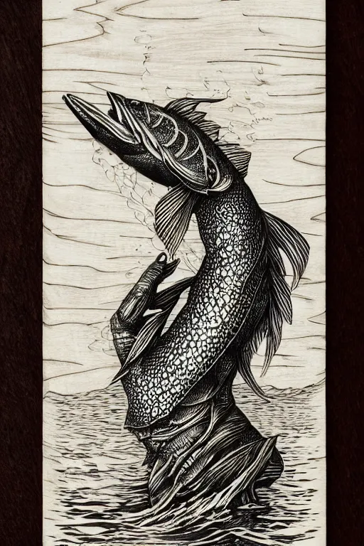 Prompt: a beautiful wood engraving on paper of a fishman, 8 k, frostbite 3 engine, cryengine, dof, trending on artstation, digital art, crepuscular ray, art by david witbeck