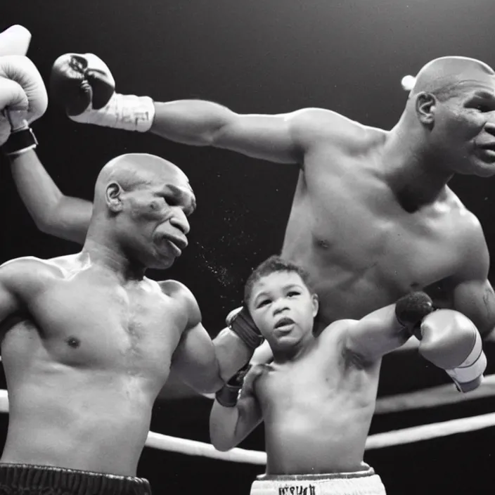 Prompt: Mike Tyson and a Kid in a Boxing Match with a kid, detailed photo