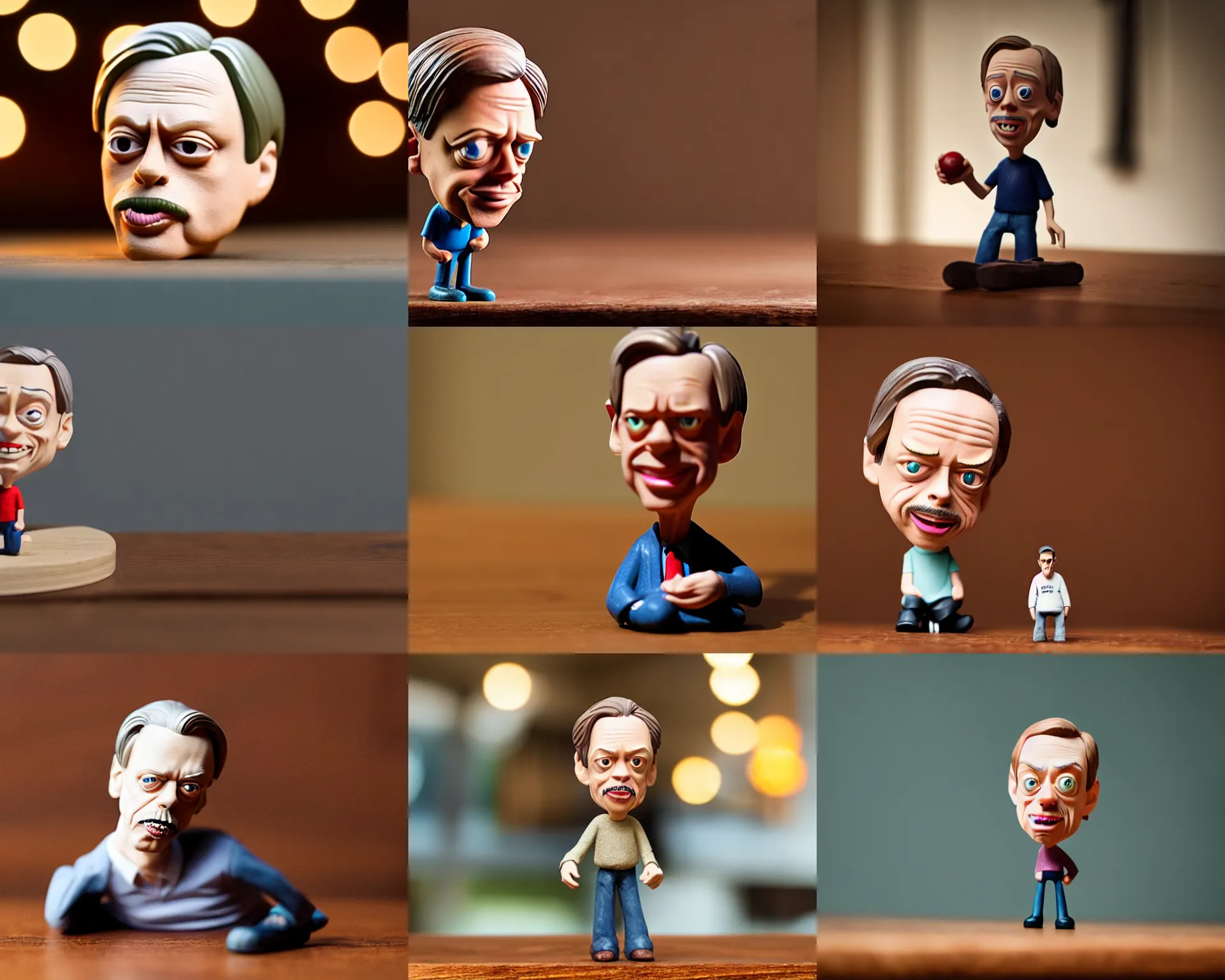 Prompt: steve buscemi figurine by pixar sad bokeh on wooden table.