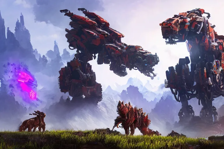 Image similar to behemoth machine mecha animal beast robot of horizon forbidden west horizon zero dawn bioluminiscence global illumination ray tracing hdr fanart arstation by sung choi and eric pfeiffer and gabriel garza and casper konefal