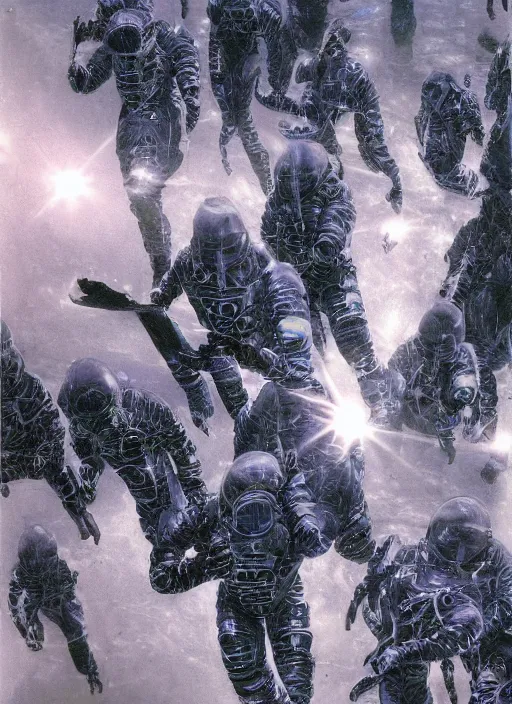 Image similar to astronauts in dark and empty void underwater - complex and hyperdetailed technical suit. reflection and dispersion materials. rays and dispersion of light. volumetric light. 5 0 mm, f / 3 2. noise film photo. flash photography. ultra realistic, wide angle. poster by wayne barlowe, hajime sorayama aaron horkey, craig mullins