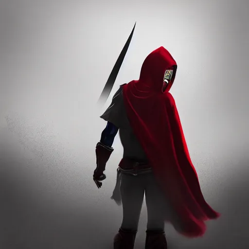 Image similar to view from the back warrior holding two swords, full body worn out damaged cape, red hoodie, worn out clothes, floating spiral sand, concept art, volumetric light, full body shot, 8K, trending on artstation