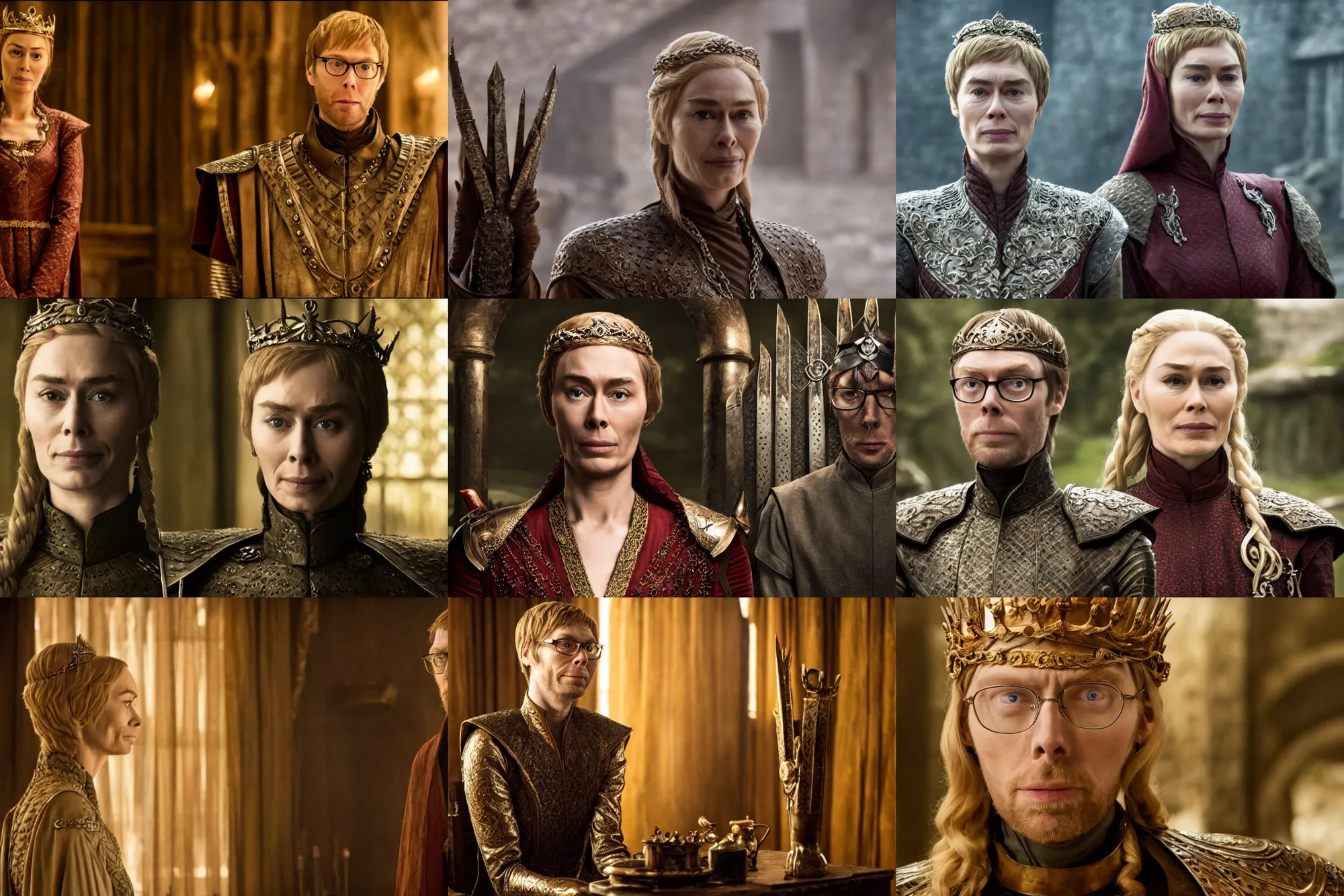 Prompt: stephen merchant as cersei lannister, still image from game of thrones, hd footage, upscaled to 4 k