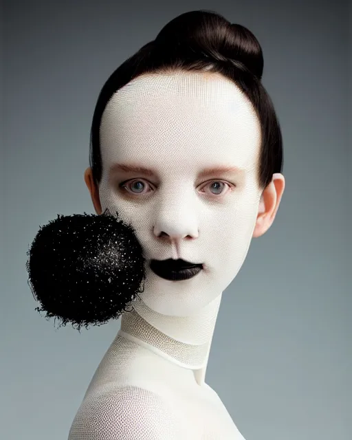 Image similar to portrait of a woman wearing a white embroidered translucent silicone mask and white black frizzy hair buns, wearing a black bodysuit by alexander mcqueen, cream white background, soft diffused light, biotechnology, humanoide robot, bjork aesthetic, translucent, by rineke dijkstra, intricate details, highly detailed, masterpiece,