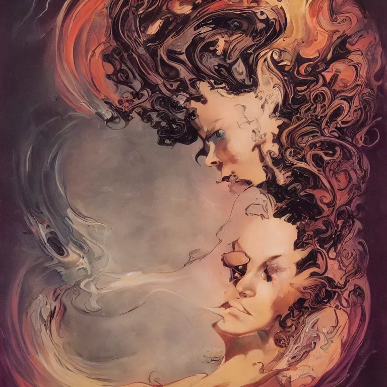 Image similar to portrait of a woman with swirling hair and fractal skin by frank frazetta, retrofuturism, psychedelic art reimagined by industrial light and magic