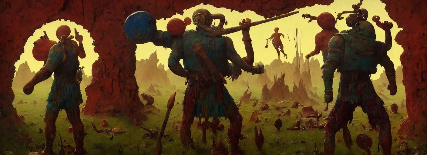 Image similar to full - body portrait surreal colorful clay fighting artstation rpg barbarian character concept art anatomy, action pose, very coherent and colorful high contrast masterpiece by norman rockwell franz sedlacek hieronymus bosch dean ellis simon stalenhag rene magritte gediminas pranckevicius, dark shadows, sunny day, hard lighting, reference sheet white! background