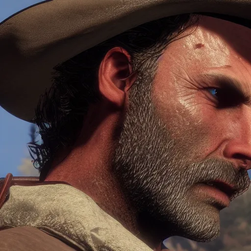 Prompt: Film still of Rick Grimes, from Red Dead Redemption 2 (2018 video game)