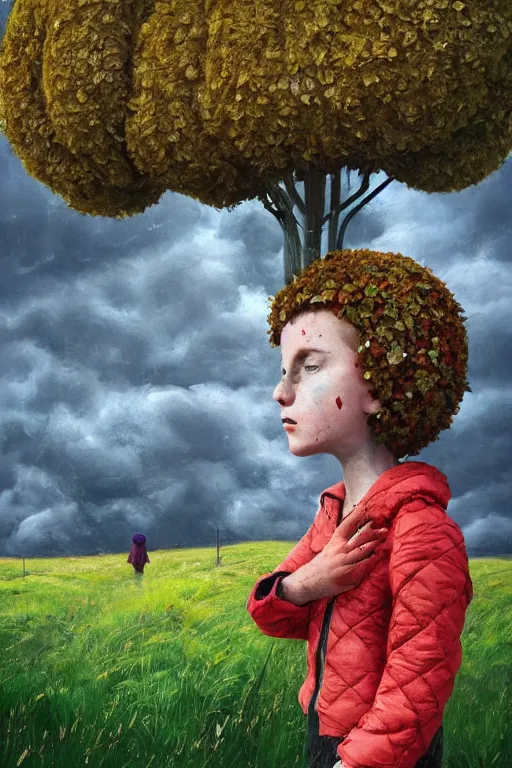 Image similar to portrait, giant flower head, a girl with coat between hedges, surreal photography, wind and cold, dramatic sky, impressionist painting, digital painting, artstation, simon stalenhag