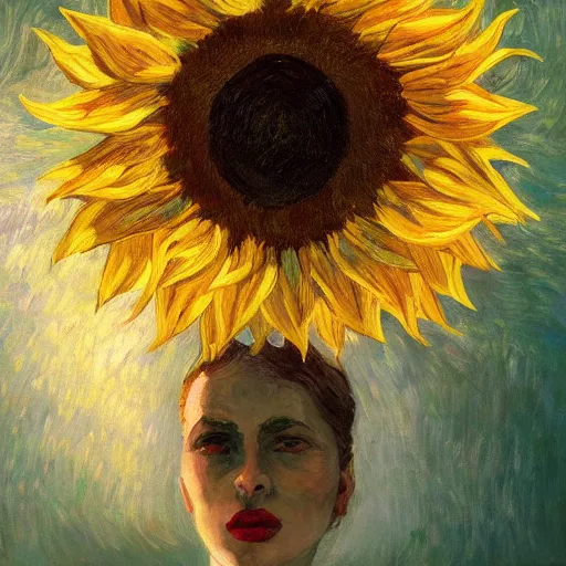 Image similar to giant sunflower head, woman in a luxury apartment, surreal, dramatic light, impressionist painting, digital painting, artstation, van gogh