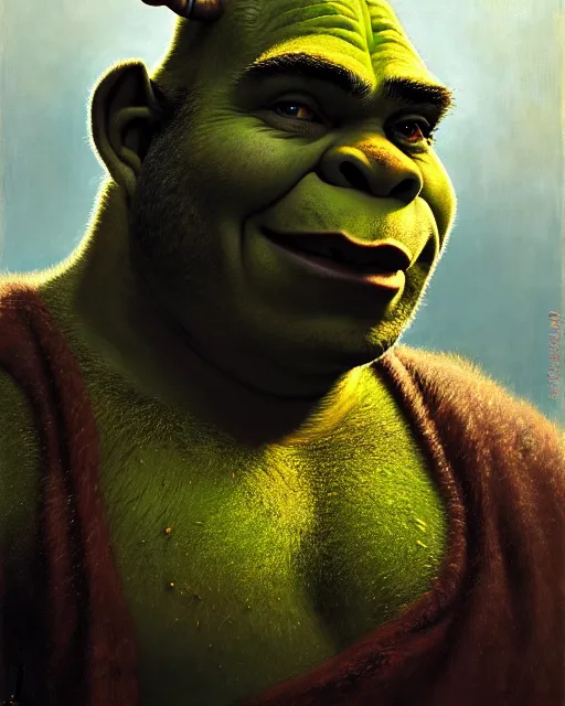 Image similar to a half body portrait of shrek, high detail, cleary see face, by gaston bussiere, bussiere rutkowski andreas rocha, bayard wu, greg rutkowski, odd nerdrum, maxim verehin, dan dos santos, masterpiece, sharp focus, cinematic lightning