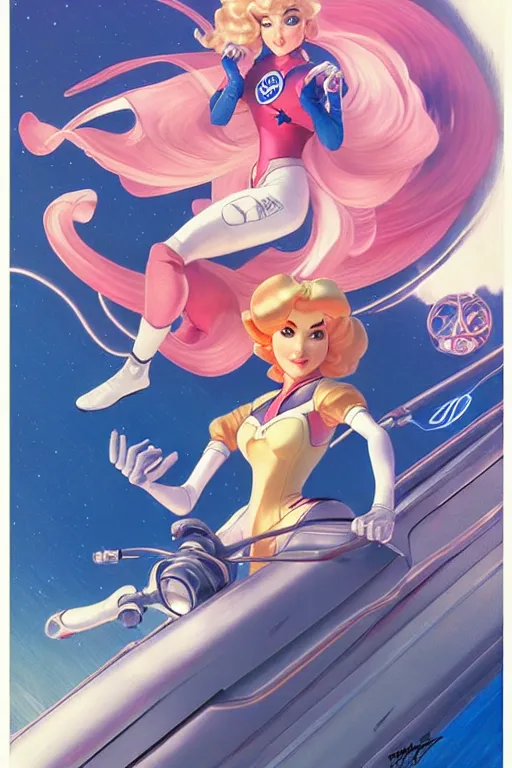 Image similar to racer princess peach style of speed racer, dynamic pose, retro anime, intricate, futuristic, fantasy, elegant, by Stanley Artgerm Lau, Margaret Keane, greg rutkowski, thomas kindkade, alphonse mucha, loish, norman Rockwell,