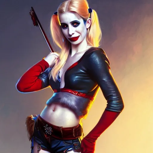 Image similar to Beautiful Emma Roberts as Harley Quinn, western, D&D, fantasy, intricate, elegant, highly detailed, digital painting, artstation, concept art, matte, sharp focus, illustration, art by Artgerm and Greg Rutkowski and Alphonse Mucha