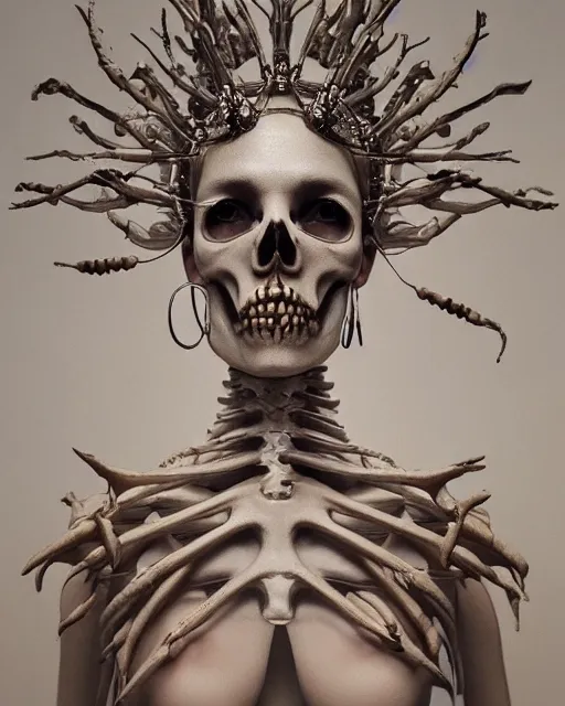 Image similar to beautiful painting of a bone queen, bone crown, skull earings, bone dress, by hans bellmer, global illumination, radiant light, detailed and intricate environment