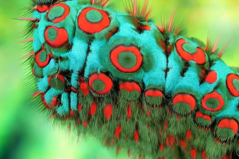 Image similar to hickory horned devil ( regal moth ) caterpillar award winning nature photography, cgi character design psychedelic colors, fluffy long hair, amazing design