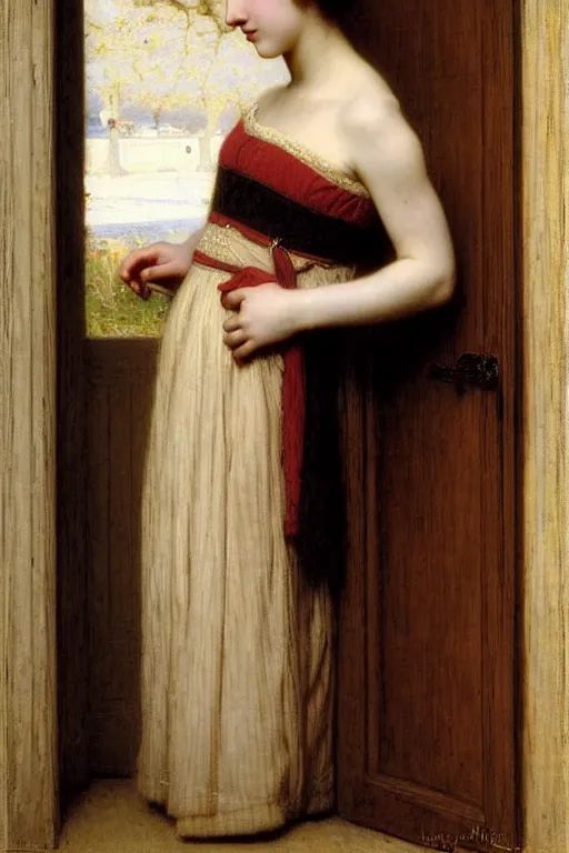 Prompt: girl in thought by auguste toulmouche and bouguereau, bright light, perfect detailed eyes, beautiful hands, pale skin, blonde hair, leaning on door