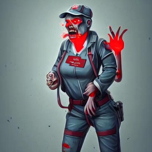 Image similar to zombie security officers beige uniform | glowing red skin and faint red aura | blue leggings | sawoff shotguns | trending on artstation high detail digital painting