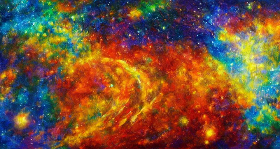 Image similar to award - winning realistic oil painting of a large planet made of colourful gas, colourful bright stars