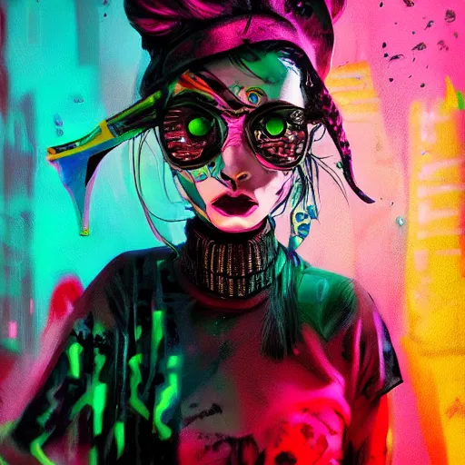 Image similar to splashes of neon, punk portrait made out of paint, trending on artstation, epic composition, emotional, beautiful, rendered in octane, highly detailed, realistic, tim burton comic book art, sharp focus