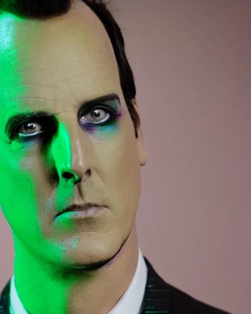 Prompt: Will Arnett as Beetlejuice, white makeup, green hair, cinematic lighting, 4k photograph