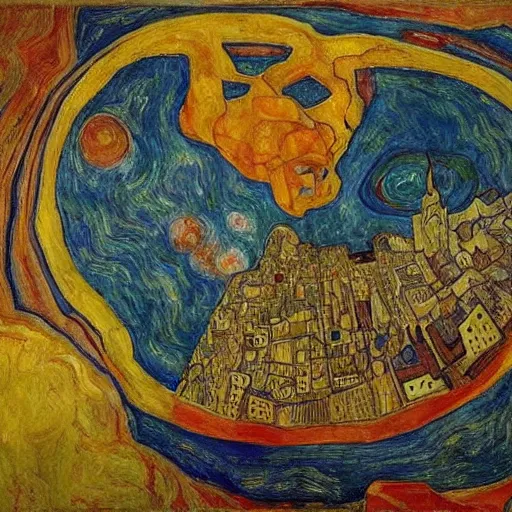 Prompt: satanic powerful galactic city blob goose vision dish soul , by Egon Schiele and Vingent van Gogh and Paul Cézanne , cluttered , renaissance painting , impressionism