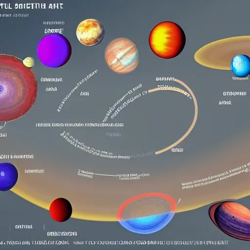 Image similar to a scientific diagram of several small colorful planets orbiting each other