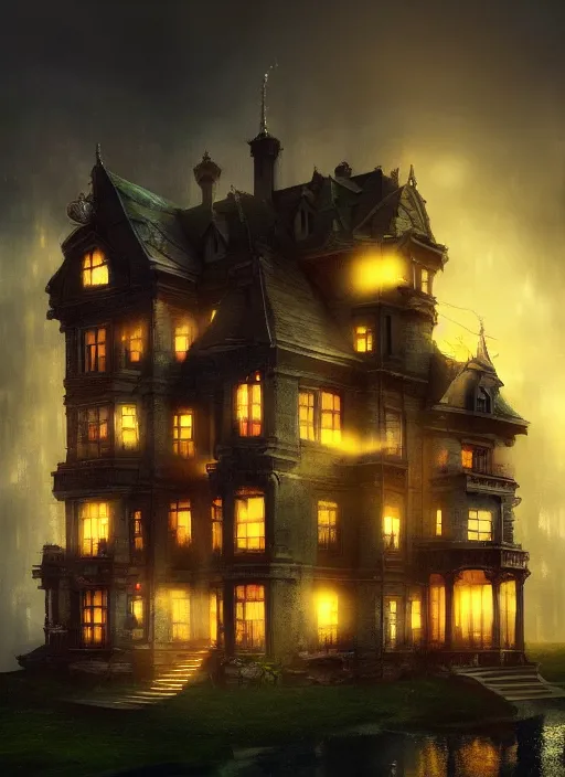Image similar to glowing mansion in burning vapor dramatic lighting, artstation, matte painting, alexander fedosav, alexander jansson