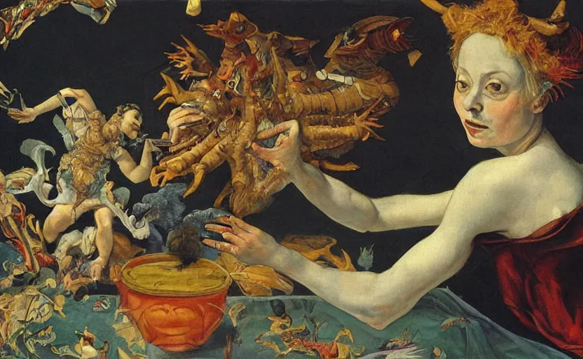 Prompt: a painting of pandora opening her jar, releasing monsters and critters that impersonate sickness and death, misery, she is fully dressed, in the style of realism and a masterpiece by artemisia gentileschi, artemisia gentileschi, james jean, and egon schiele, critters flying around, the jar is clearly visible