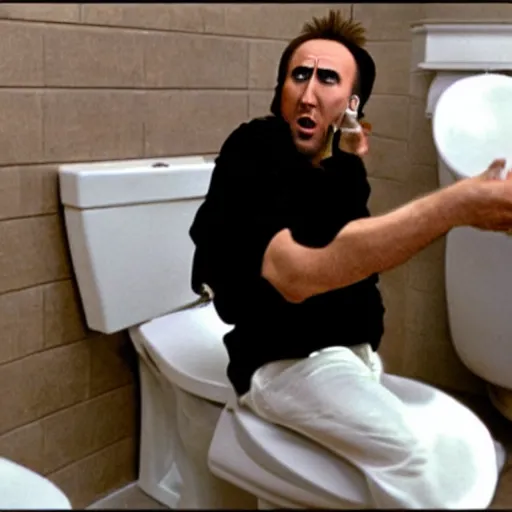 Image similar to nicolas cage doing coke on toilet seat