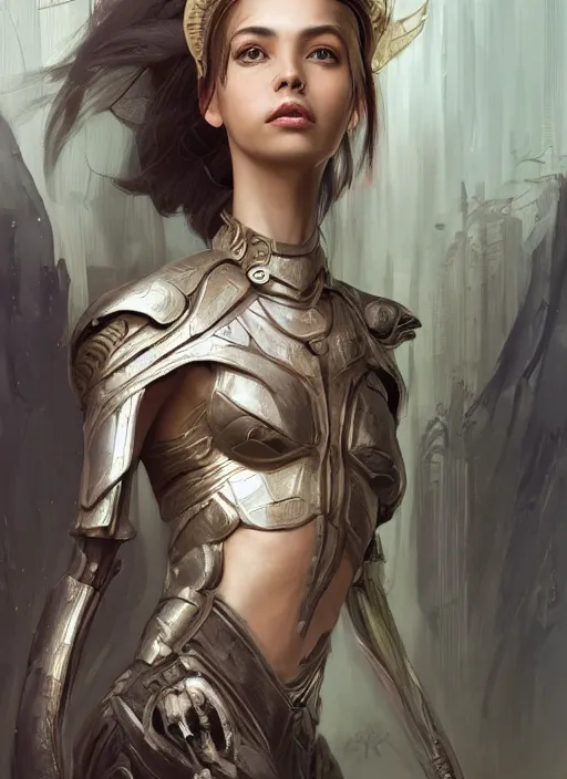 Image similar to a professional painting of a beautiful young female alien, clothed in ethereal armor, olive skin, long dark hair, beautiful bone structure, symmetrical facial features, intricate, elegant, digital painting, concept art, smooth, sharp focus, illustration, from Valerian and the City of a Thousand Planets, by Ruan Jia and Mandy Jurgens and Artgerm and William-Adolphe Bouguerea