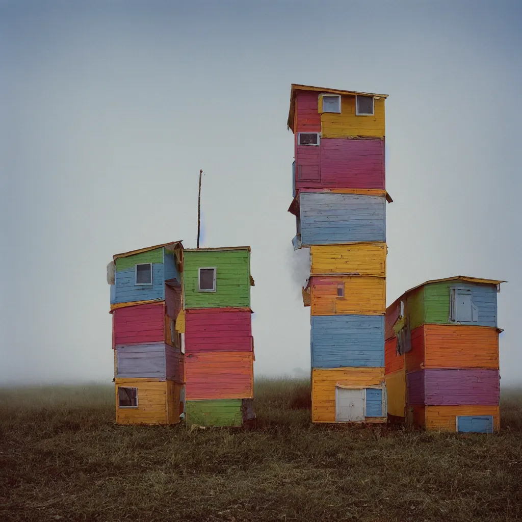 Image similar to two towers, made up of colourful stacked makeshift squatter shacks, bleached colours, plain uniform sky at the back, misty, mamiya, f 1. 8, ultra sharp, very detailed, photographed by julie blackmon