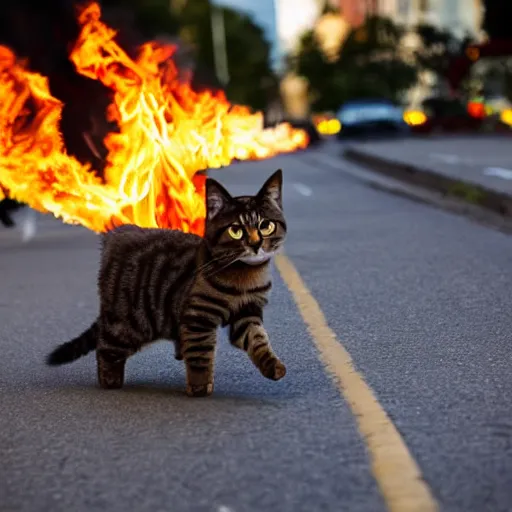 Prompt: a cat on fire running down the street