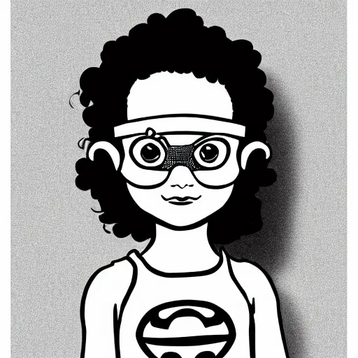 Image similar to clean simple line art of a little girl with short wavy curly hair. she is a superhero, wearing a superhero costume. white background. well composed, clean black and white line drawing, beautiful detailed face. illustration by charlie adlard and steve ditko