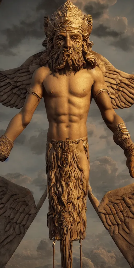 Image similar to enki sumerian god with wings, unreal 5, hyperrealistic, realistic, photorealistic, dynamic lighting, highly detailed, cinematic landscape, studio landscape, studio lighting