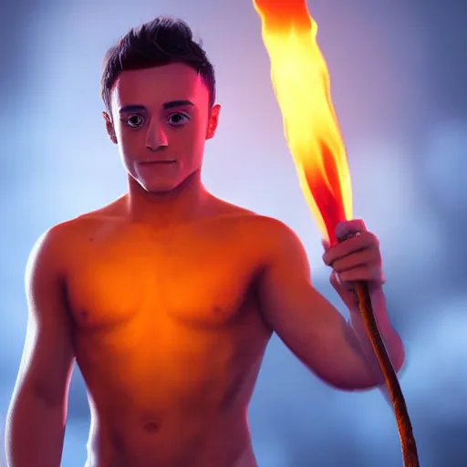 Prompt: Tom Daley wearing monk tunic holding a glowing fire magical staff. Trending on Artstation, octane render, ultra detailed, art by Ross tran