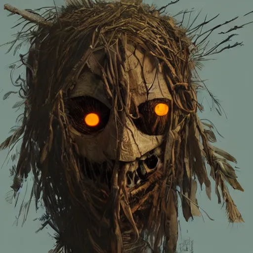 Prompt: very detailed face of a haunted scarecrow, with sticks of woods, bones and wood, snake and crow, james gurney, greg rutkowski, deviantart, artstation