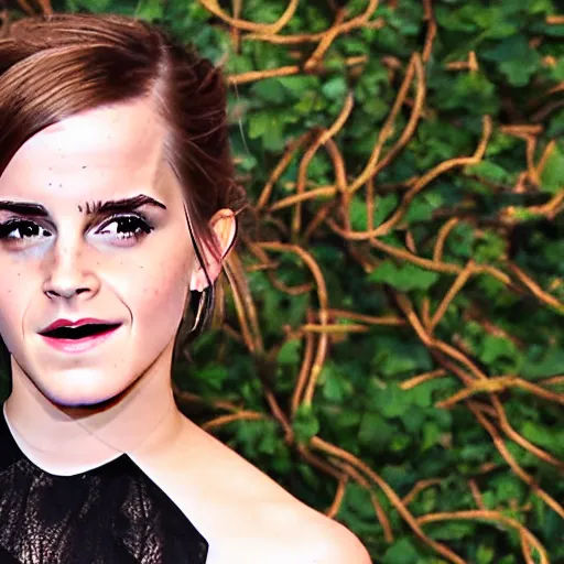 Prompt: angry emma watson entangled and stuck in giant vines