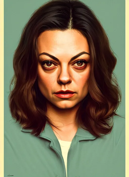 Prompt: twin peaks movie poster art, portrait of mila kunis, from scene from twin peaks, clean, simple illustration, nostalgic, domestic, highly detailed, digital painting, artstation, concept art, smooth, sharp focus, illustration, artgerm, donato giancola, joseph christian leyendecker, wlop