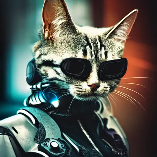 Image similar to portrait of a cute cyberpunk cat, realistic, futuristic, robot, professional photography