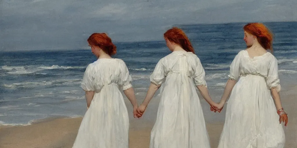 Image similar to two young edwardian women wearing white dresses hold hands on a beach in Sweden, in the style of Anders Zorn