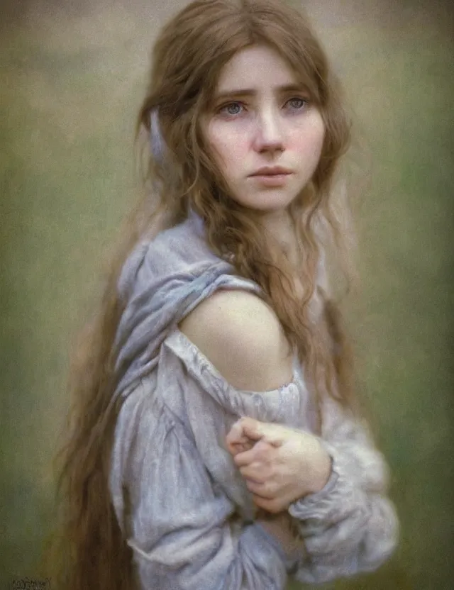 Image similar to shy and modest peasant girl long hair portrait, cottage core, cinematic focus, polaroid photo bleached vintage pastel colors high - key lighting, soft lights, foggy, by steve hanks, by lisa yuskavage, by serov valentin, by tarkovsky, 8 k render, detailed, oil on canvas