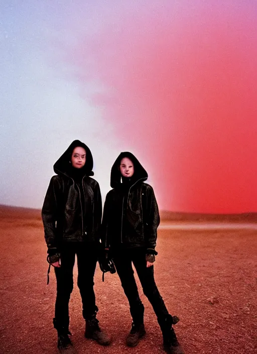 Image similar to cinestill 5 0 d photographic portrait of two loving female androids wearing rugged black techwear on a desolate plain with a red sky, extreme closeup, lizard on ground, cyberpunk style, in front of a brutalist dark metal facility, dust storm, 8 k, hd, high resolution, 3 5 mm, f / 3 2, ultra realistic faces