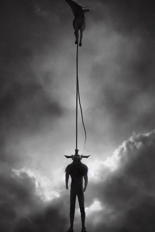 Prompt: sad Suicidal depressed unicorn man hangs himself from the moon, dramatic lighting, cinematic, establishing shot, extremely high detail, foto realistic, cinematic lighting, post processed, concept art, high details, cinematic, 8k resolution, beautiful detailed, photorealistic, digital painting, artstation, concept art, smooth, sharp focus, artstation trending, octane render, unreal engine