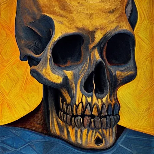 Prompt: intricate five star star theme skull portrait by pablo picasso, oil on canvas, hdr, high detail, photo realistic, hyperrealism, matte finish, high contrast, 3 d depth, centered, masterpiece, vivid and vibrant colors, enhanced light effect, enhanced eye detail, artstationhd